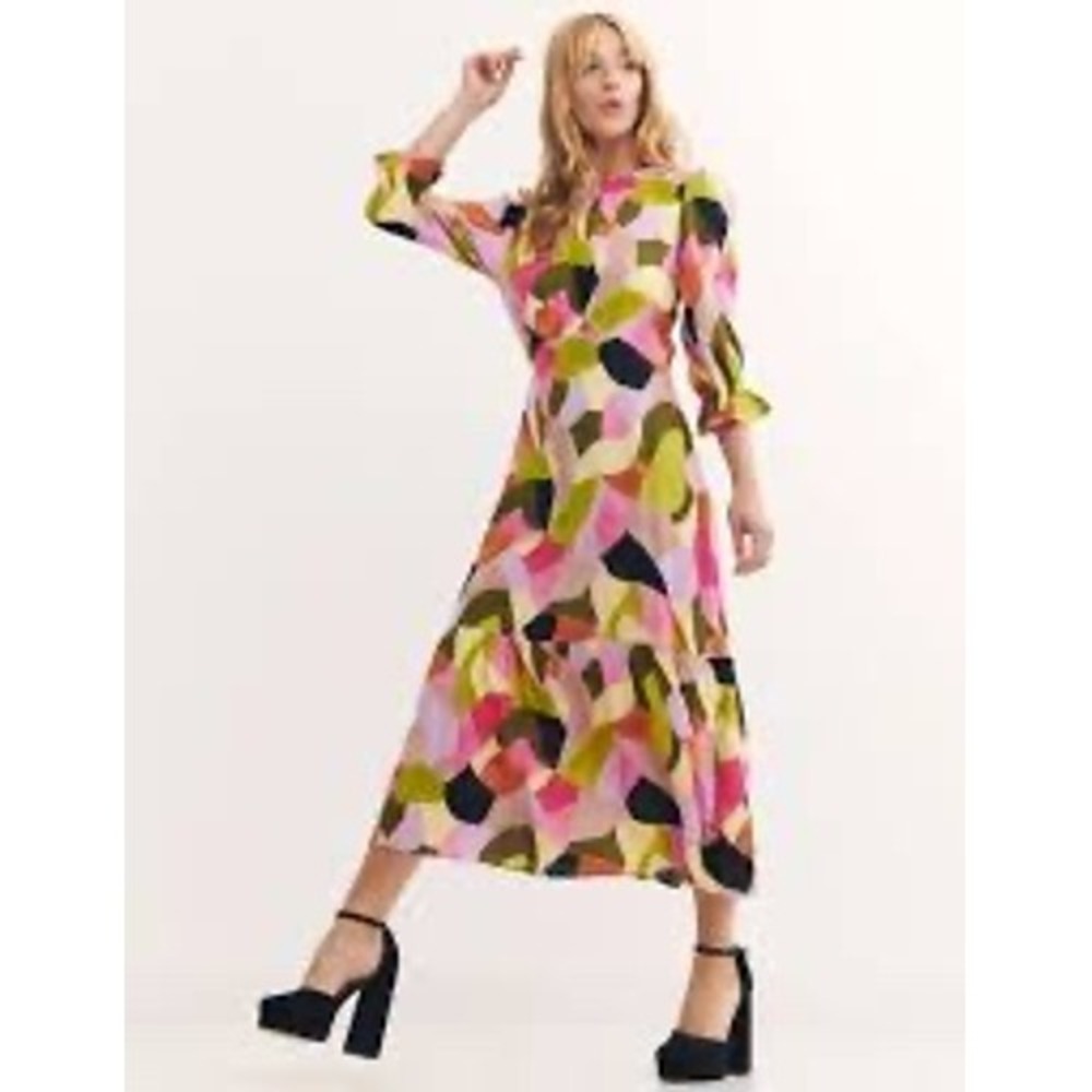 Nobody's Child Midi Dress Women Size 6 Multicolor Abstract Tiered Excellent